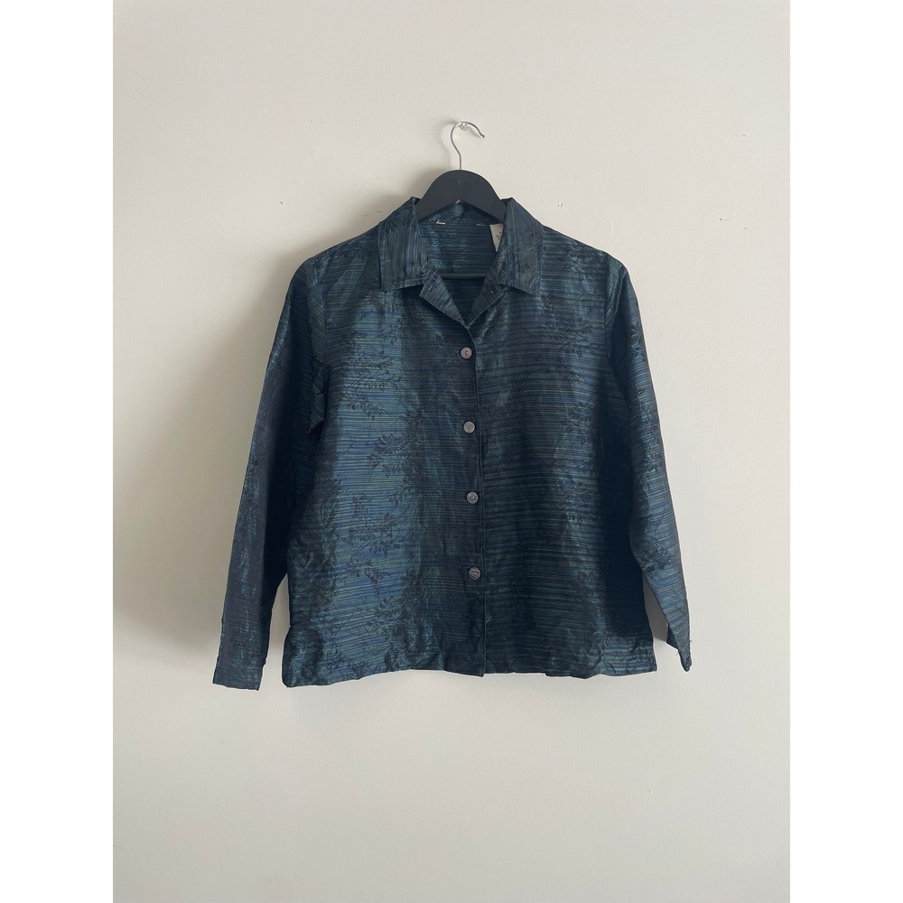 100% Silk Iridescent Floral Striped Button Up Blouse Teal Blue Green S